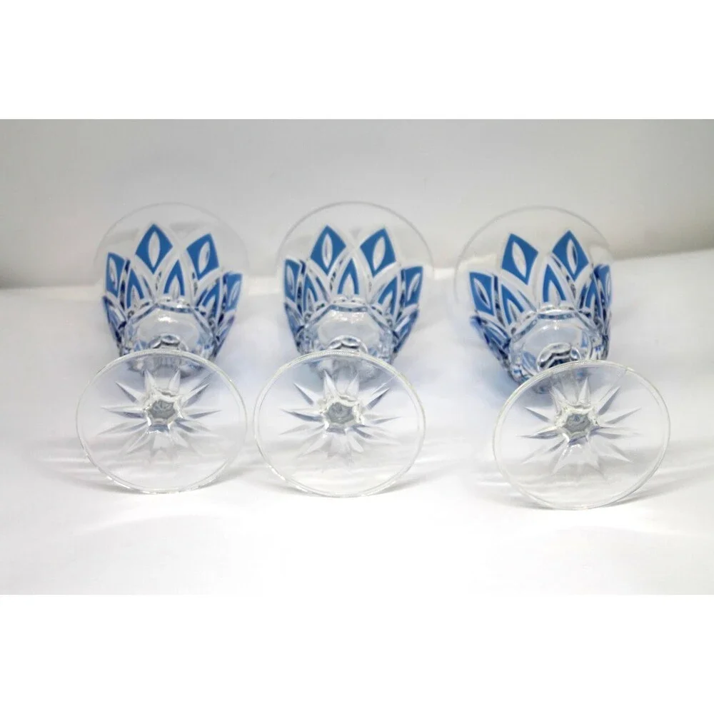 50’s MCM French Diamond Cut Crystal Wine Glasses by VMC Reims S/3 Blue